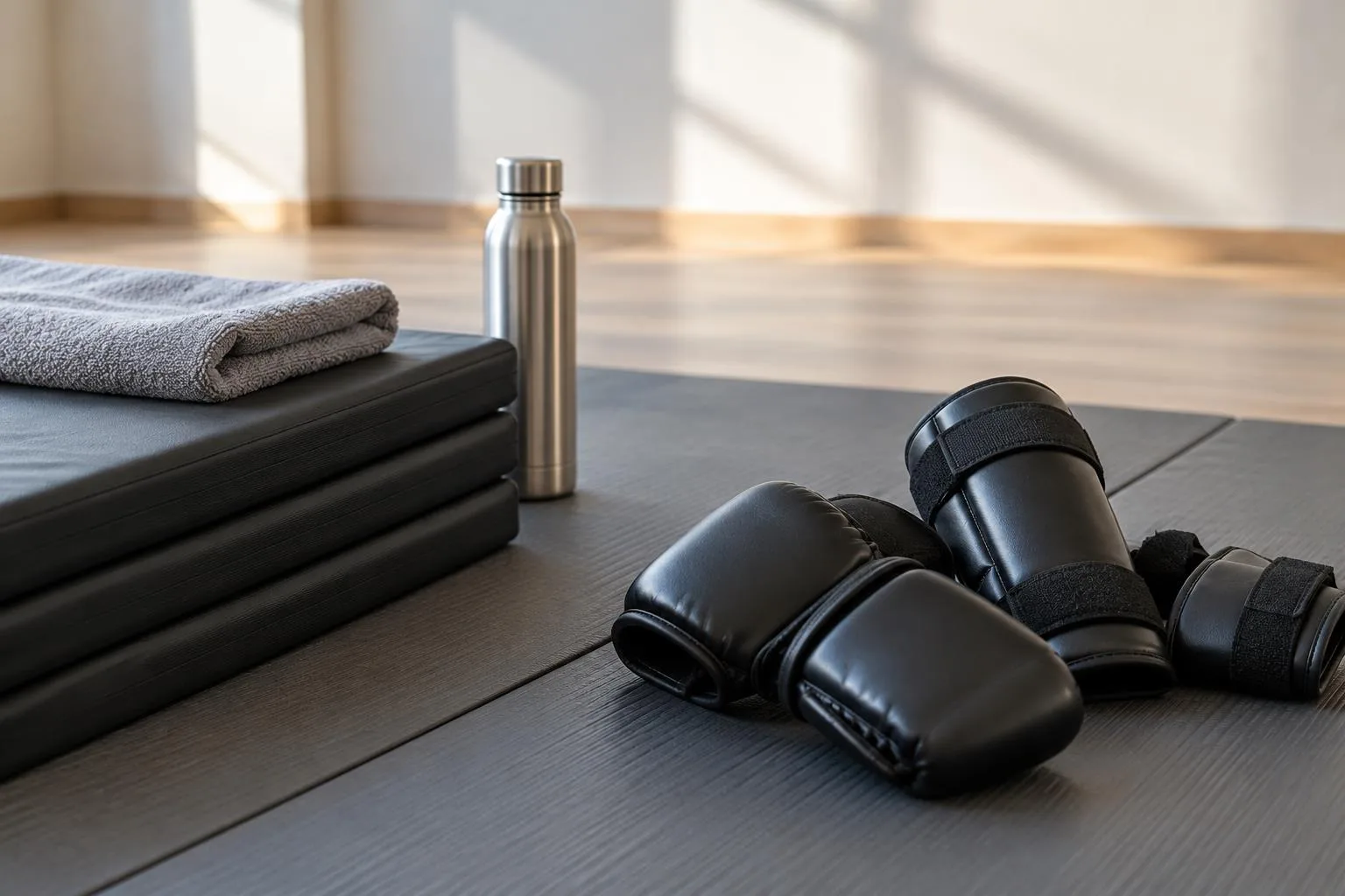 Trainingsmatten und Schutzausrüstung in einem ruhigen Übungsraum.